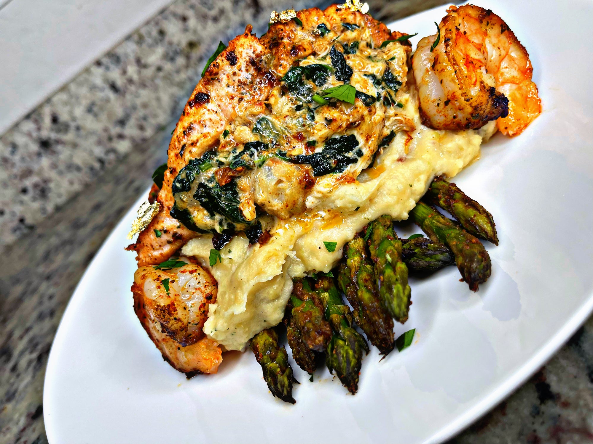 Stuffed salmon with red mashed potatoes and roasted asparagus!